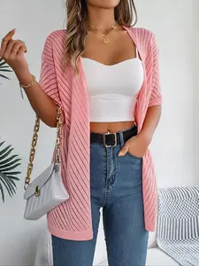 Women's Plain Soft Hollow Out Half Sleeve Cardigan, Casual Open Front Breathable Knitwear for Summer, Fashion Womenswear Knit Clothing for Daily Wear, Summer Outfits 2024