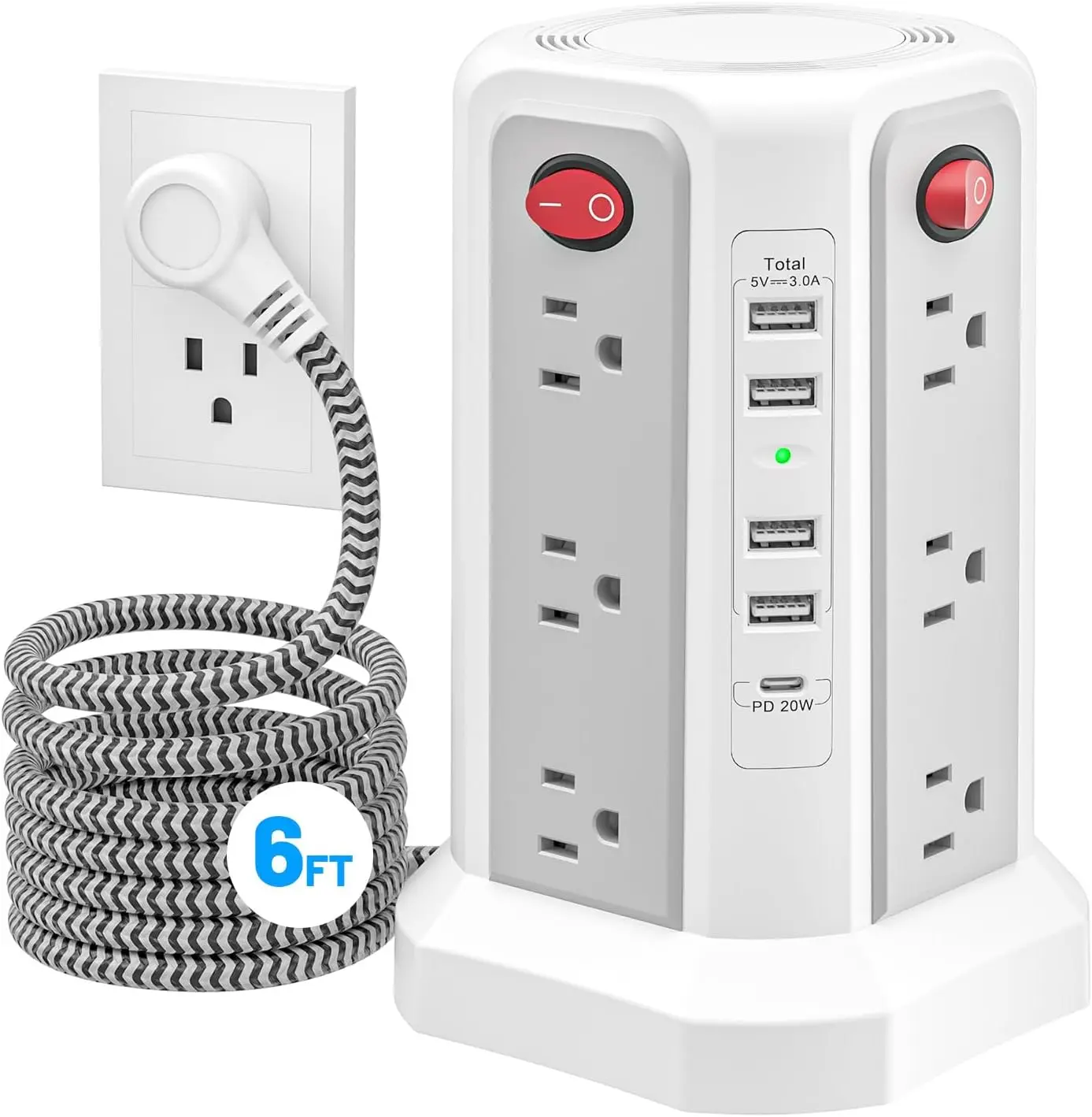 Power Strip Tower Surge Protector with PD20W USB C, 6FT Desktop Extension Cord  Station with 12 AC Multiple Outlets 5 USB Ports, Charger Tower Multiple Protections for Home Office Supplies