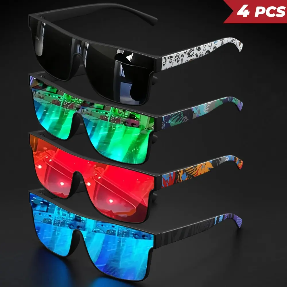 Men's & Women's 4-Pack Classic Square Performance Sports Sunglasses - UV400 Shield PC Lens Mirror Shades, Hiking Running Outdoor Eyewear, Animal Print Design