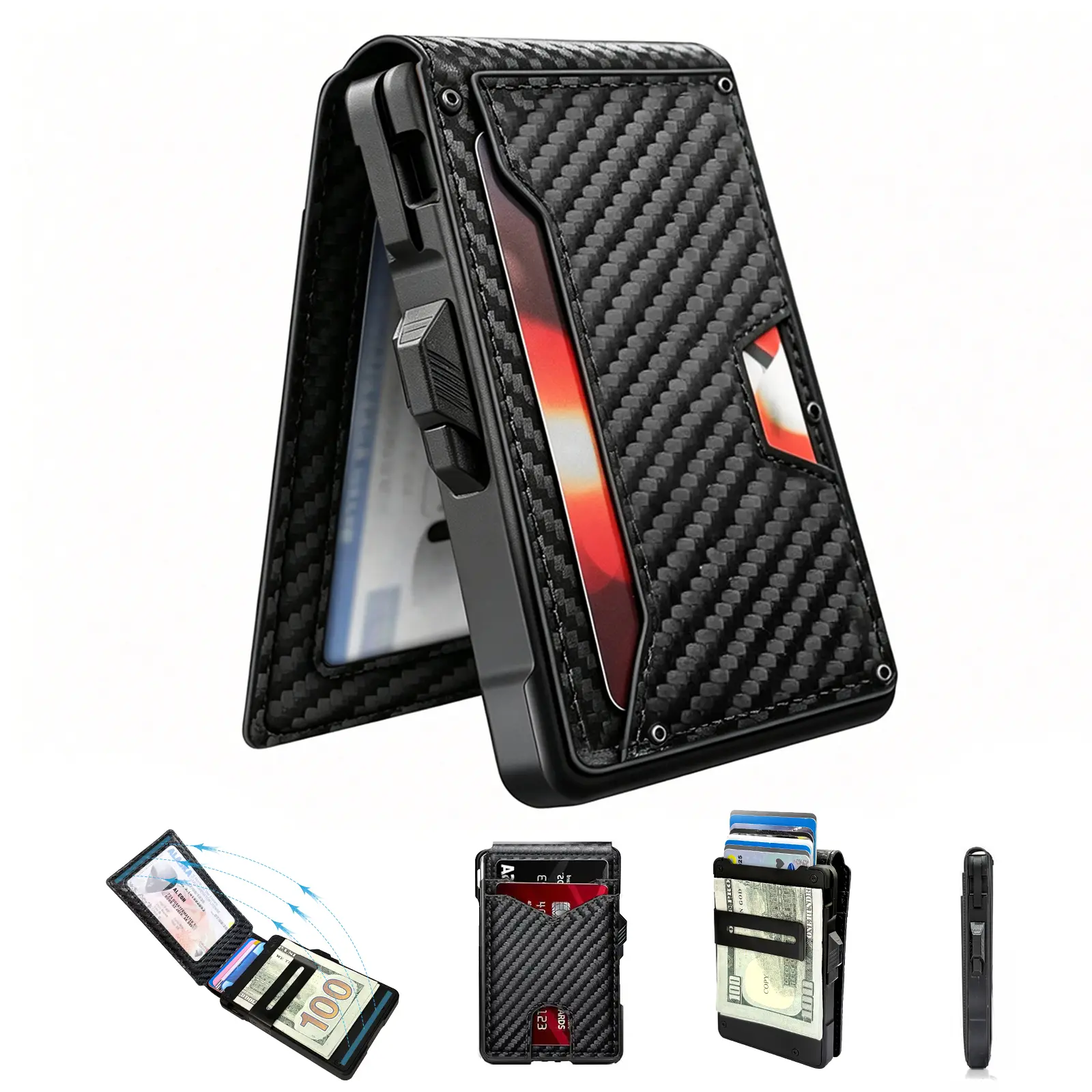 Men's Slim Bifold Wallet, Full-Grain Cowhide & Aluminum Pop-Up Card Holder with RFID Blocking, Money Clip, and ID Window