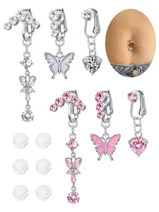 3Pcs Fake Belly Button Piercing for Women Dangle Butterfly Heart Clip on Belly Button Rings Silver Gold Pink Fake Belly Button Rings Non Piercing Belly Rings Stainless Steel Faux Navel Jewelry, Belly Hoops
