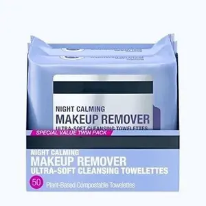 Neutrogena Night-Calming Makeup Remover & Cleansing Towelettes 25 ct 2 pk Ultra-Soft Micellar Wipes Hypoallergenic Plant-Based Compostable Cleanser Cosmetic Facial Daily Water Proof
