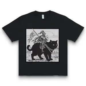Men's Medieval Knight Cat Graphic Top - Slim Fit Shortsleeve Menswear T-Shirt, Black Fantasy Armor Cat Design, Unique Medieval Animal Art Casual Fabric Tee