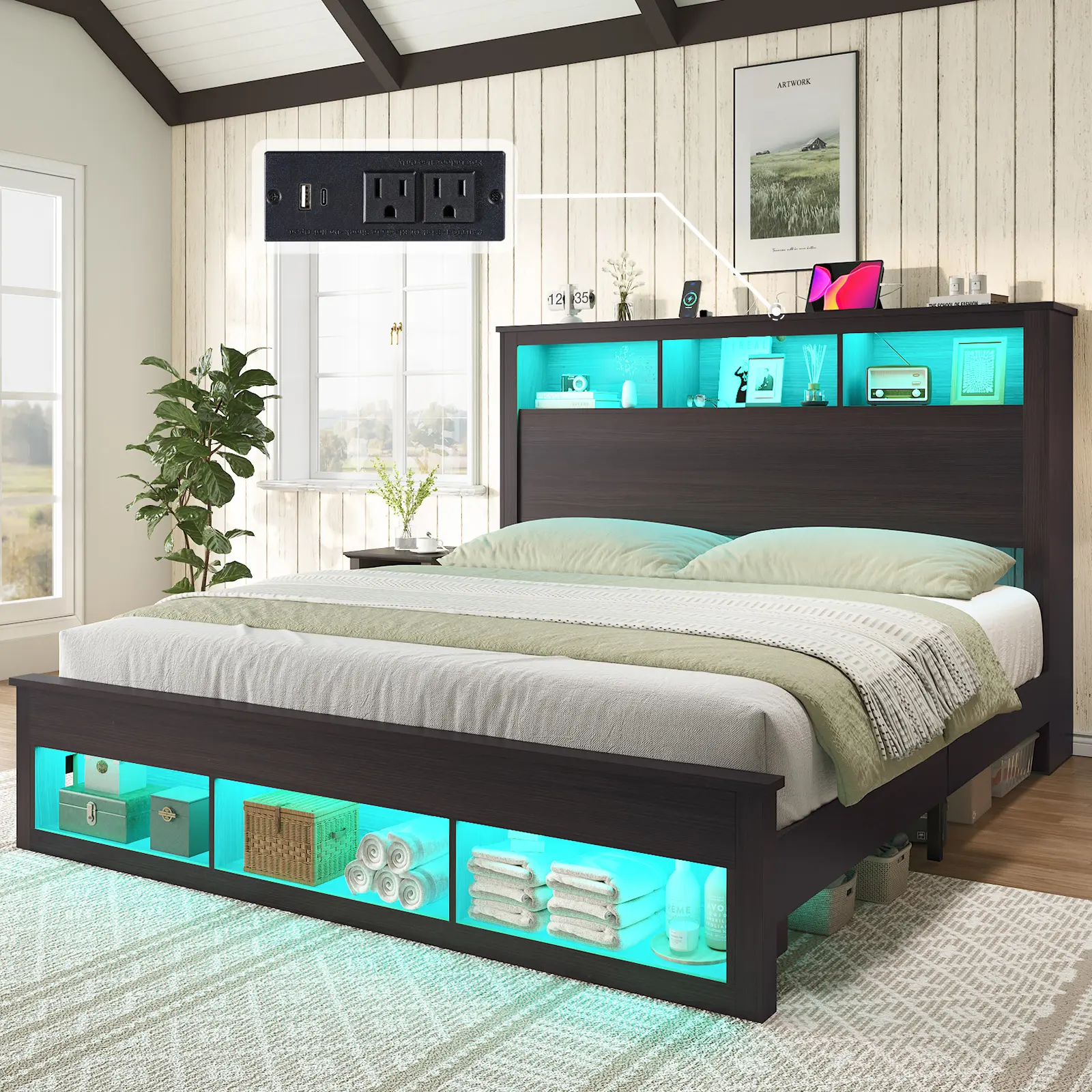 Amerlife Farmhouse Bed Frame - Built-in Outlets Charging Station, Bookcase Storage Headboard, Footboard, LED-Accented Platform Bed, Durable, Noise-Free, No Box Spring Needed, Christmas Gift Idea, Built-In Outlets Beds