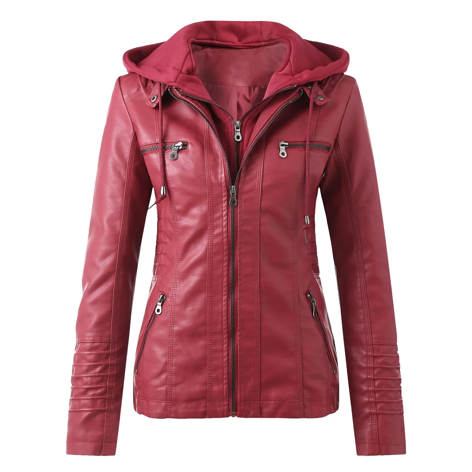 Women's Motorcycle Pu Leather Coat Vintage Brown Black Leather Jacket Long Sleeve Hooed Zipper Coat 2025 Spring Autumn Outerwear