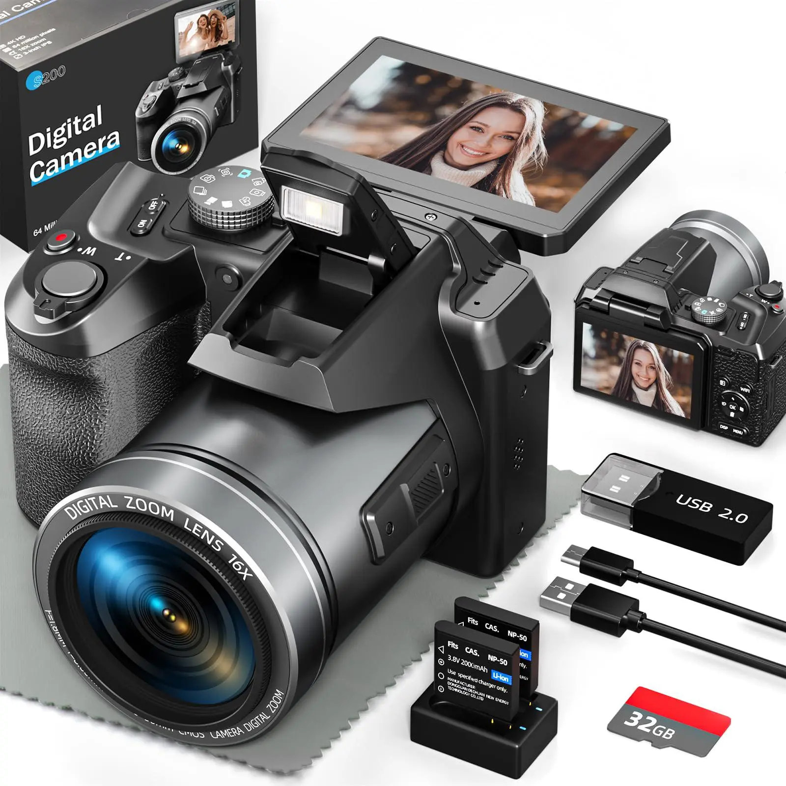 HD Digital vlog  Camera   for Photography, Vlogging Cameras for vlog with 3” Flip Screen, Digital Zoom, WiFi& Autofocus,with Batteries, 32GB TF Card