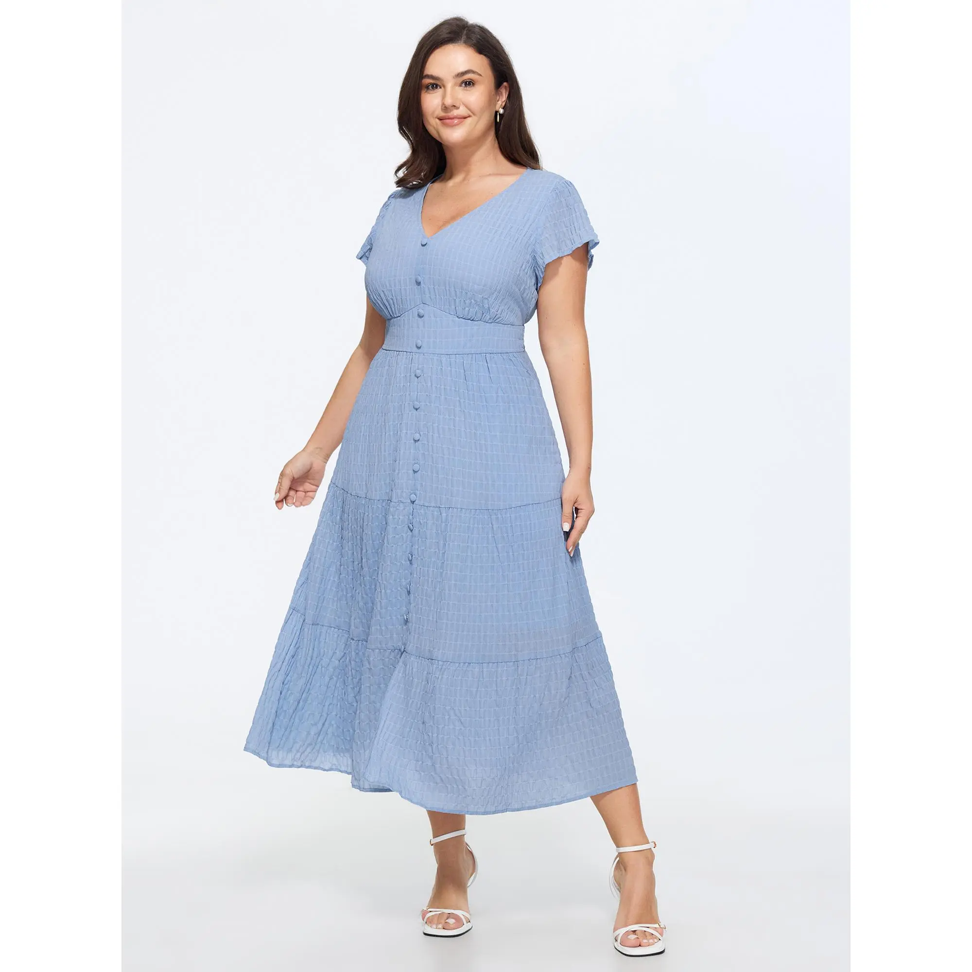 BloomChic Plus Size Solid Smocked Tiered Midi Dress in Light Blue Polyester Spandex with Lantern Sleeves and Pockets, Smooth, Garment, Casual, Fabric, Curvy Dresses Plus Size, Tiered Dress