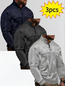 3pcs Men's Autumn/Winter New Pullover Button Design Long Sleeve Outdoor Sports Casual Fashion Versatile Henley Shirt,  Casual Wear, Modern Casual, Stylish Pullov, Casual Pullover Top