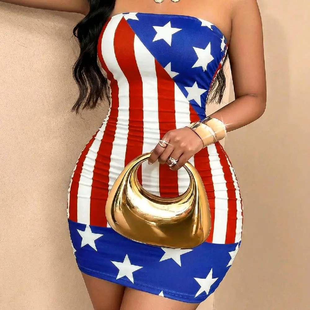 Women’s Slim-Fit Strapless Bodycon Mini Dress - USA Flag Print