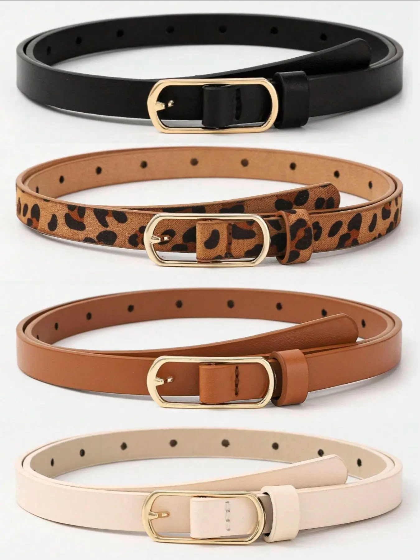 4pcs Women Belt White K-Gold Oval Clasp Buckle, Casual Waist Belt Casual Style Belts Fashion Decorative Versatile Skinny Belt Suitable For Ladies Belt Daily Use Belt With Buckle