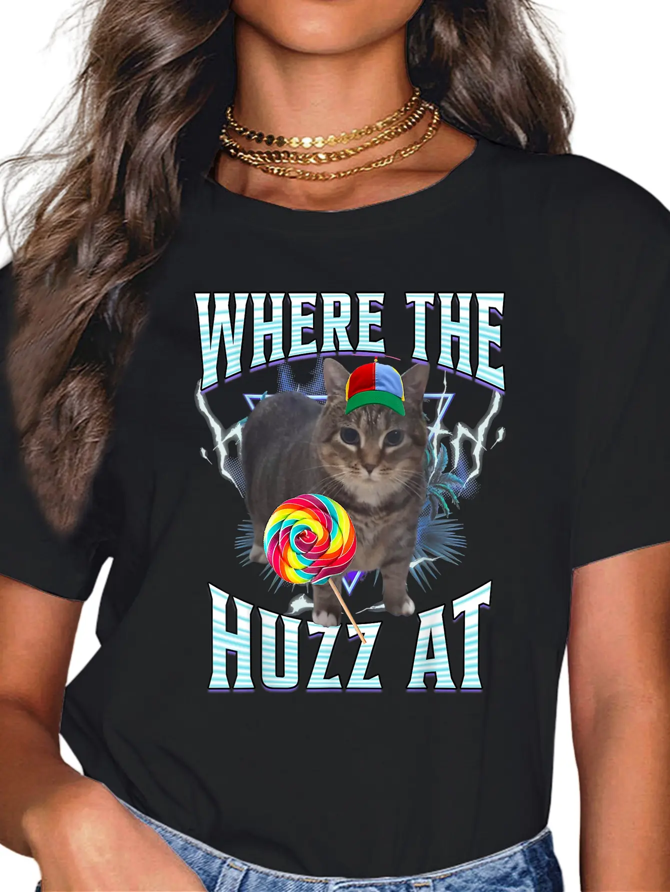 100% Cotton Where The Huzz At Funny Cat Meme Retro Humor Joke Sarcastic T-Shirt