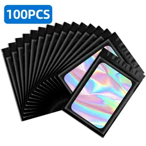 100pcs Mylar Bags Resealable Durable Pouch Holographic Zip Bag Zipper Bag Jewelry Sample Product Small Business Packaging Supplies, Black Sealed Pack