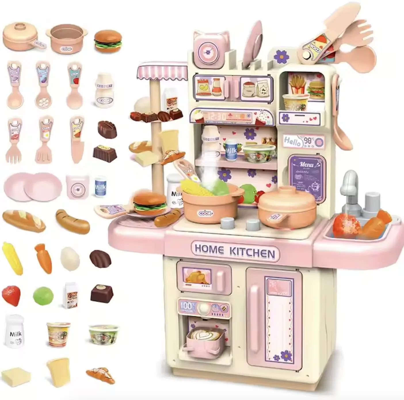 Kids Kitchen Playset with Sound & Light, Toddler Play Kitchen Set with Cooking Stove, Running Water Sink & Play Food Accessories, Pretend Kitchen Toy for Toddlers Girls & Boys, Ideal Birthday Christmas Gift