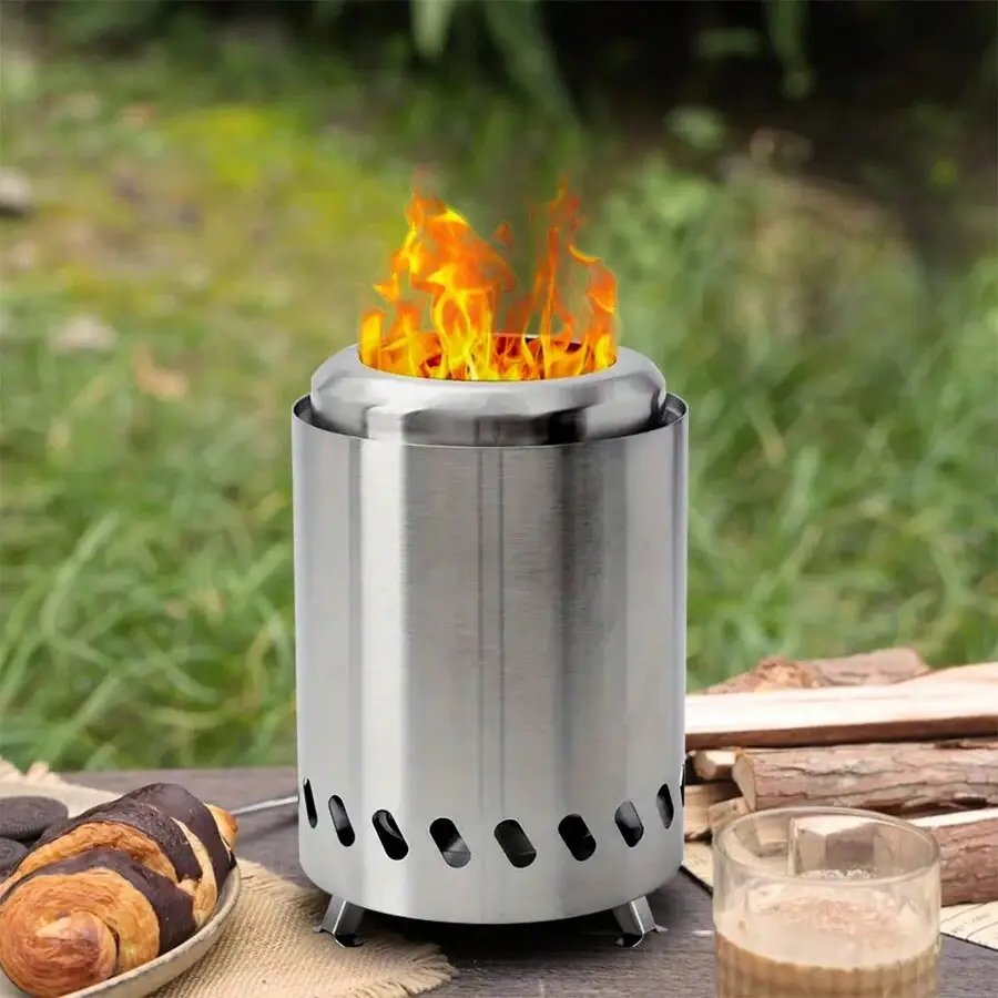 1pc 7.8"H*5.5"D Tabletop Fire Pit With Stand, Small Table Top Fire Pit, Smokeless Portable Fire Pit For Camping With Travel Bag, Fueled By Wood Or Pellets, Stainless Steel