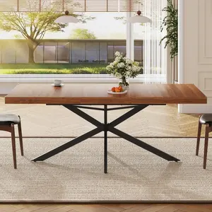 59.1''-78.7'' Extendable Dining Table for 6-8 Person, Rectangular Dining Room Table with Hidden Storage, Mid-Century Modern Style, Saving Space, Metal Support Legs, Stable Structure, Walnut/Natural (Chair not included)