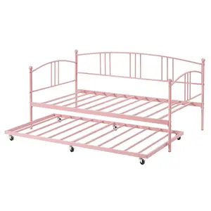 Daybed with Trundle Trundle Bed Twin with Arched Headboard Sturdy Metal Day Bed with Steel Slat Support SofaBed for Bedroom Living Room and Guest Room Pink