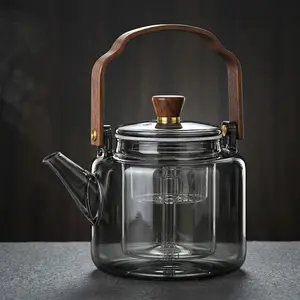 Glass Teapot with Wooden Handle, 1 Count Heat Resistant Teapot, Tea Making Tool for Home Office Kitchen Dining Room, Glass Tea Kettle