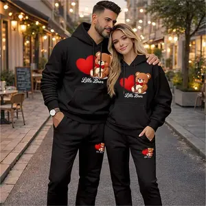 Couple's Bear Heartbeat Print Hooded Sweatshirt and Drawstring Sweatpants Set, Casual Sportswear, Long-Sleeve Hooded Jacket and Pants, Suitable for Autumn, Winter, and Spring, Everyday Wear, Tracksuit, Casual Athletic Wear