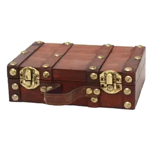 Vintiquewise Vintage-Style Compact Rectangle Wood Mini Leather Suitcase Decor Organiser - 6.5x4.3x2 in Brown Metal-Accented Home Storage Box