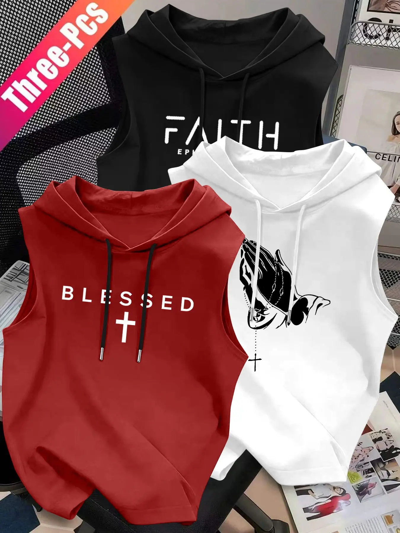 Men's High-Quality Casual Sleeveless Hooded Vest, Adjustable Drawstring, Soft Fabric, Comfortable Wear, 3-Piece Set