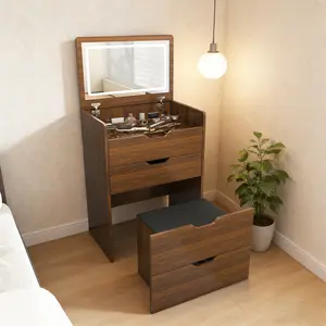 Convertible Vanity Desk: 3-in-1 Makeup Table with LED Mirror & Stool | Flip Top Design for Hidden Storage, Compact for Bedroom, Bathroom, Dorm