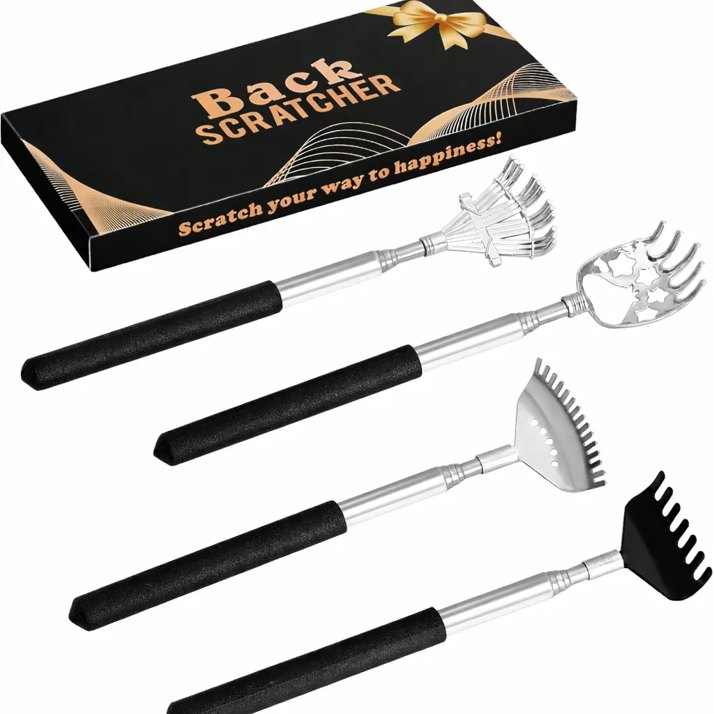 Different Back Scratcher 4 Pack Portable Telescoping with Rubber Handles, Extendable Metal Back Massager Tool with Beautiful Box, Stocking Stuffers for Men Women Adults (Black)