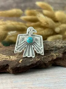 Handmade Sterling Silver Kingman Turquoise Thunder Bird Adjustable Ring "Signed Nizhoni"