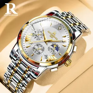 ONTHEEDGE Men's Chronograph Watch, Blue Dial Quartz Watch, Stainless Steel Luxury Business Dress Watch, Waterproof Luminous