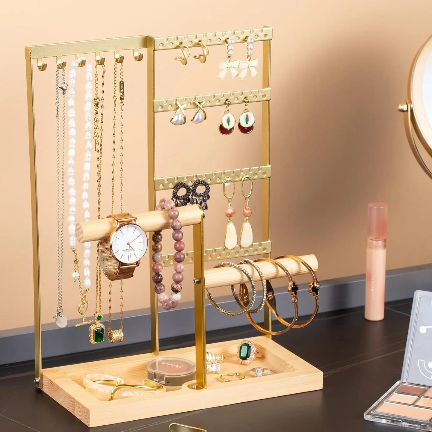 Jewelry Organizer Stand, Jewelry Holder, Lengnoy 4 Tier Earring Holder with 48 Holes and 6 Hooks Necklace Organizer Wood Box for Necklace Bracelet Earring Ring