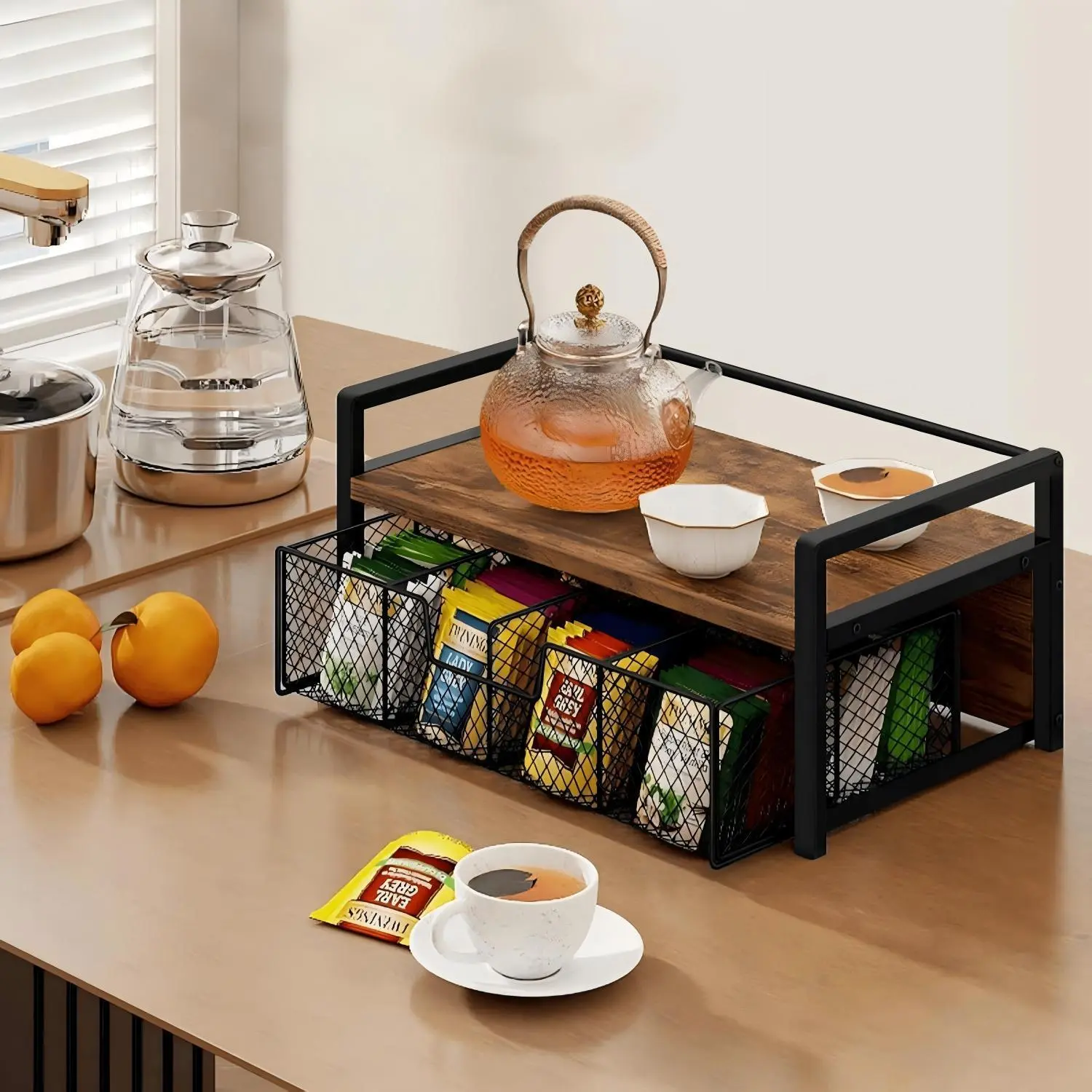 High-Quality Rectangular Coffee Pod & Tea Bag Organizer - Coffee Station Accessory with Smooth Slide-Out Draw, Durable Materials, Easy Access, Compact Form, Custom Compartment Storage for Kitchen Counter, Office Desk, Daily Use