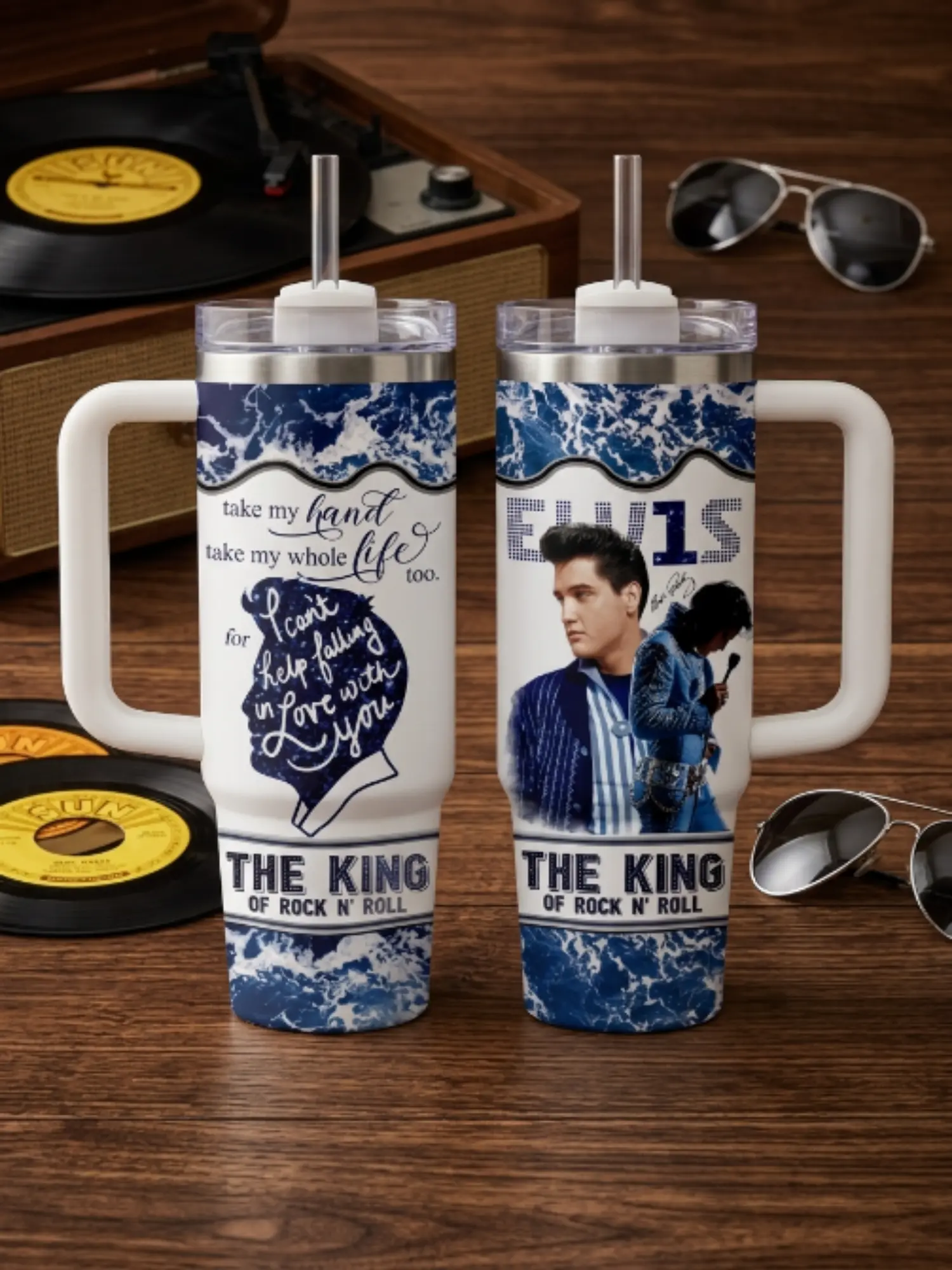 30oz-40oz Printed Elvis P Blue King Stainless Steel Insulated Tumbler with Handle & Lid, Portable Daily Use Travel Mug for Family, Rock and Roll Fan "Take My Hand" Vintage Music Cup (Straw Not Included)