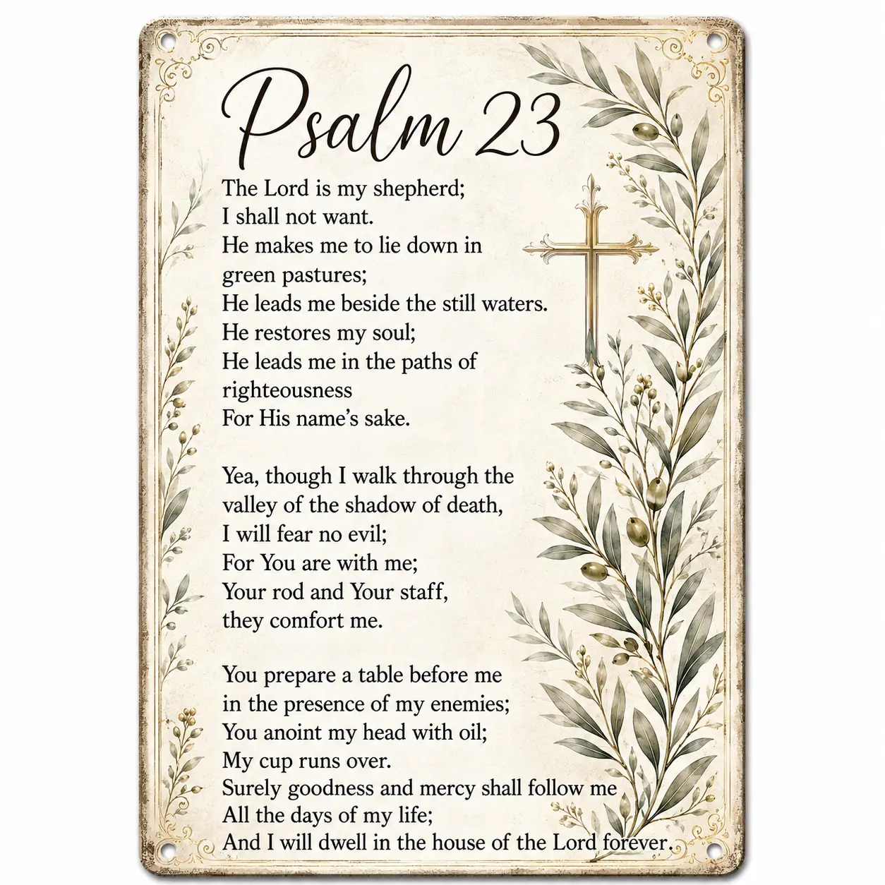 8x12 Inch Psalm 23 Christian Wall Decor,  Aluminum Metal Sign, Vintage Olive Branch Bible Verse Plaque with Cross, Religious Home Prayer Room Church Office Decoration, Faith Gift