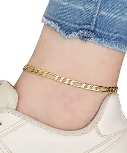 BA Unique Fashion Gold Electroplated 4.5mm Concave Figaro Chain Ankle Bracelet - Petite Size to Plus Size- Made in Korea