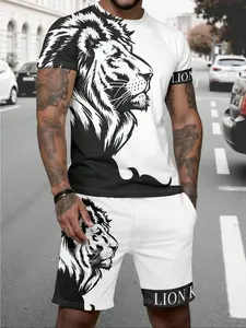 Men's Summer Shorts Set, Lion Print Round Neck Tee & Drawstring Casual Shorts, Breathable Quick-Dry Polyester Fabric, Fashion Sportswear