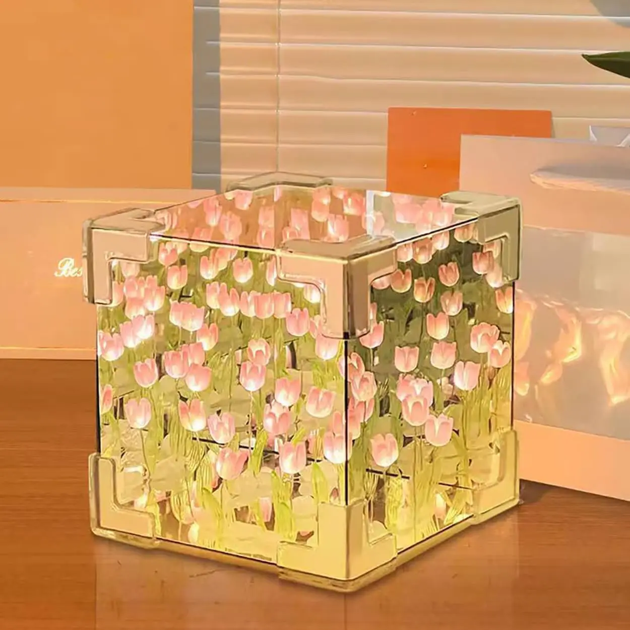 2Pcs DIY Tulip Night Light,Tulip Magic Cube Mirror Lamp,Finished Decorative Flower Lamp for Bedroom,Night Light and Mirror 2 in 1,Creative Gifts for Women Girlfriend,Couple and Wife