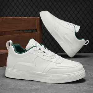 Men's Fashion Leisure Shoes, Off-White & Green Breathable PU Leather Sneakers, Soft Wear-Resistant PVC Sole for Walking & Outdoor Sports, Easy-Clean Waterproof Casual Footwear for Adult Males