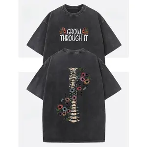 230g Washed Cotton Unisex T-Shirt - Dual-Sided GROW THROUGH IT & Floral Print, Retro Vintage Loose Fit Short Sleeve Top for Men & Women, Spring Summer Casual Wear boyfriend  tees
