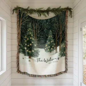 Christmas Forest Woven Blanket, Holiday Keepsake Blanket 100% Cotton