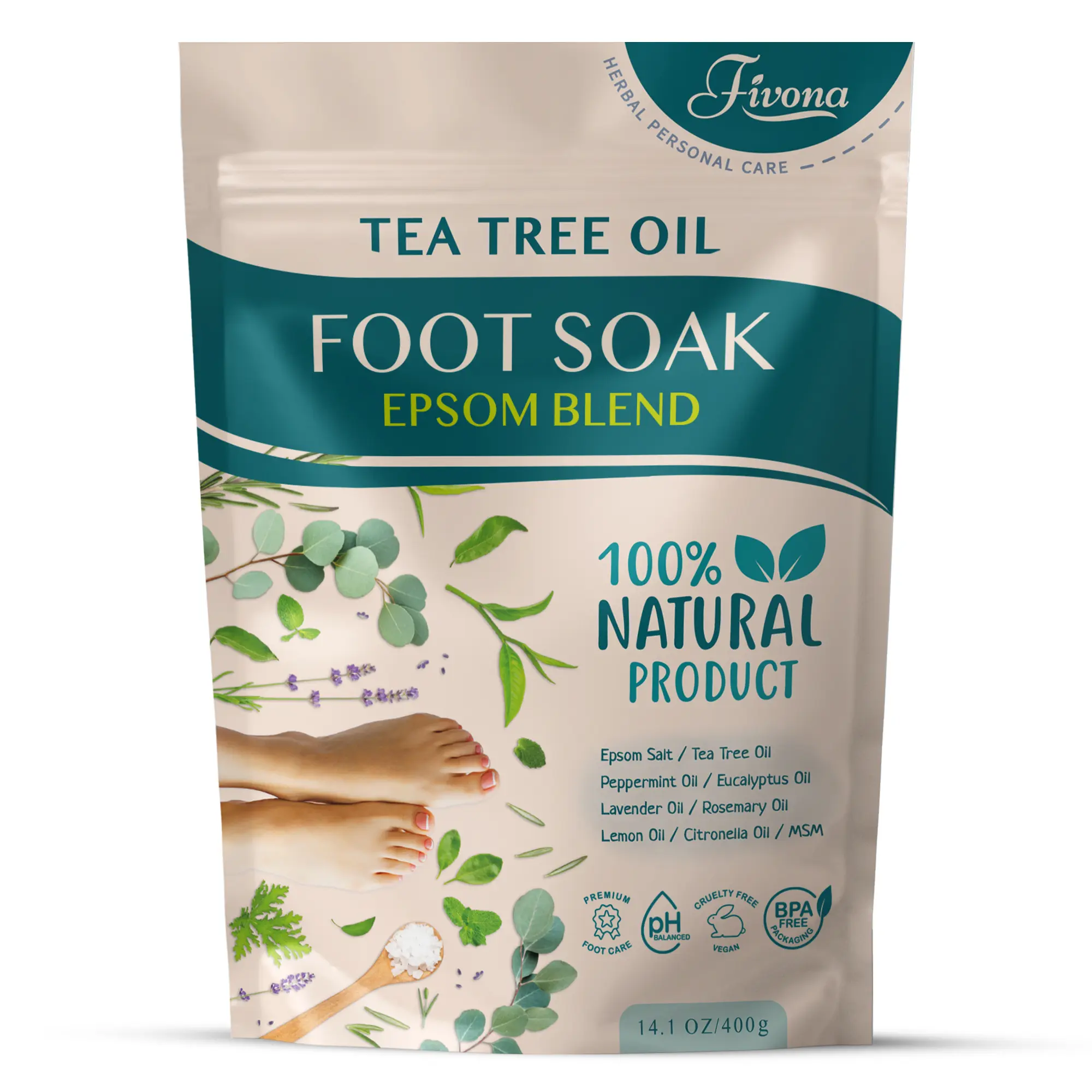 Fivona Tea Tree Foot Soak Blend 14.1 oz - Epsom Salt and Natural Oils for Gentle Foot Spa, Healthy Toenails, Soothing Relief, Callus Softening - Pedicure Therapy for Soft, Rejuvenated Feet