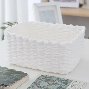 Modern Elegant Durable Plastic Woven Basket with Striped Design, Multi-Functional Gift Storage Organizer, Ideal for Kitchen Bathroom Bedroom Living Room, Scalloped Baskets