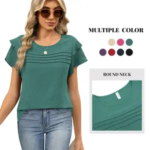 Women's Loose Minimalist Lightweight Short-Sleeve Blouse Shirt Top - 2026 Summer, Ruffle Round Neck, Pleated Front, Light Soft Textured Breathable Fabric, Multiple Matching Colors, Dressy Casual Piece,summervibes