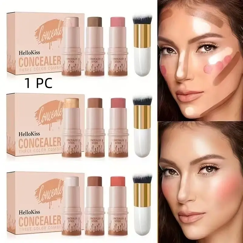 3-Color Set, Makeup & Beauty Set, Contour, Blush, Highlighter and Balm Cream Bronzer Sticks, Creamy Makeup Combo with Brush, Smooth Long-Lasting Non-Greasy Finish, Light to Medium-Deep Shades
