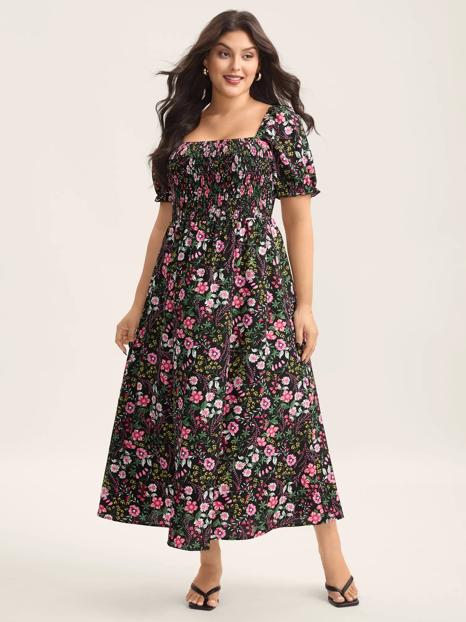 BLOOMCHIC Women's Plus-Size Lantern Short-Sleeve Shirred Ditsy Floral Maxi Dress - Curvy Fit, Casual Comfy Chic Bohemian Pockets, Plus Size Fashion Summer Wear, Womens Dresses, Curvy Dresses Plus Size