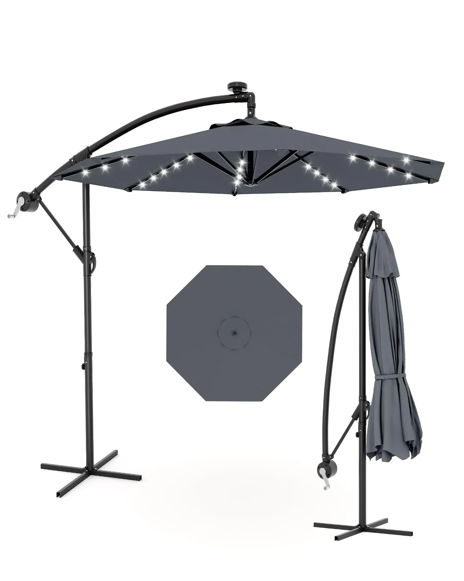 Gaomon 10ft Outdoor Offset Patio Parasol - Solar-Powered LED Solar Parasol, UV-Protective, Waterproof Sunshade Canopy for Garden, Backyard
