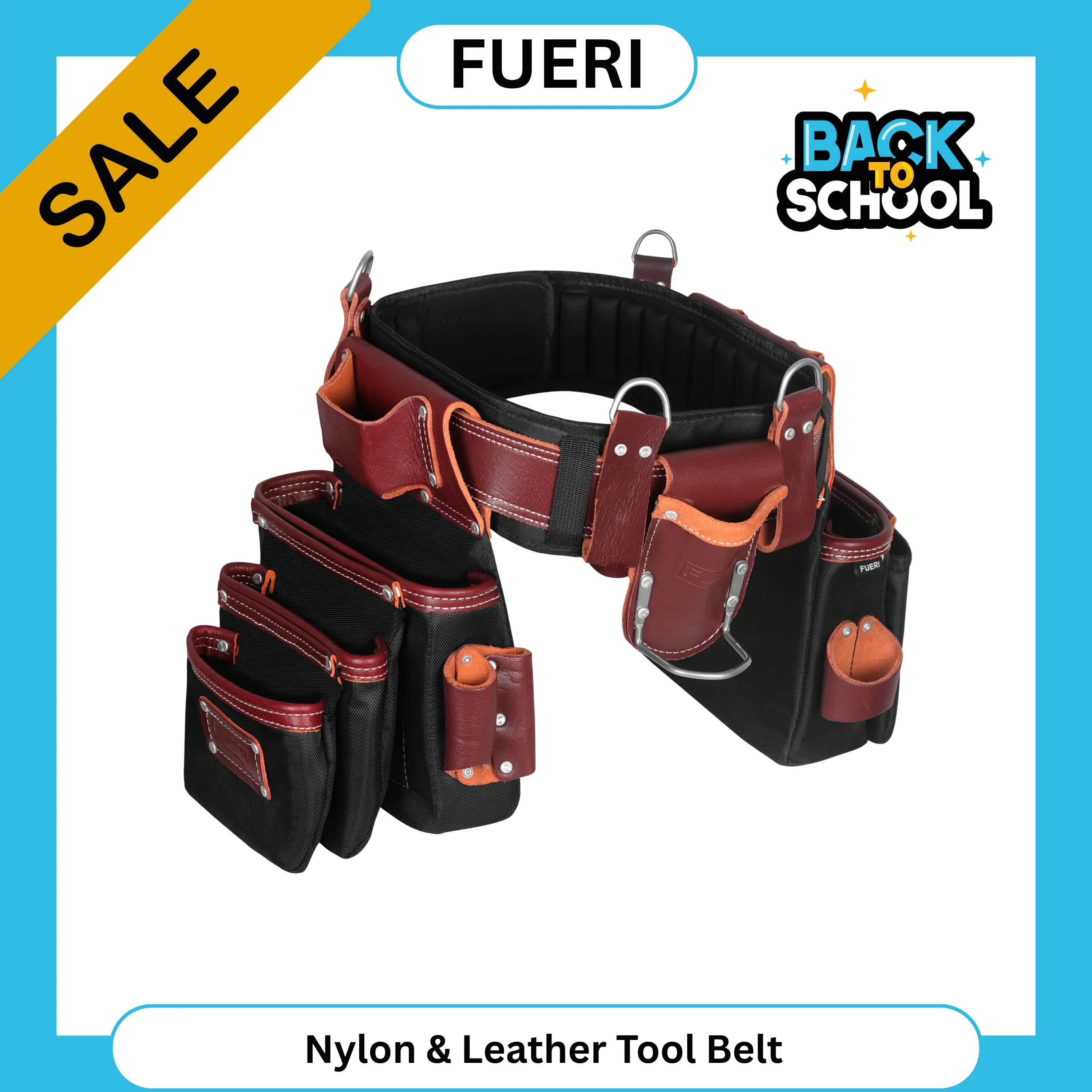 FUERI Men's Heavy Duty Nylon Tool Belt with Tool Pouch - 26-Pocket Nylon/Leather Storage, Multi-Size 30-54 Inches Comfort Padded Belt, Hammer Holder, Suspender Loops for Carpentry Pros, Tool Bag Organizer campingessentials