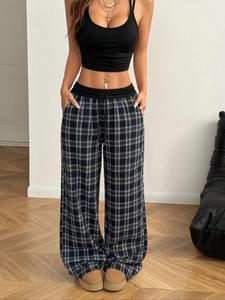 women's plaid print drawstring waist pants, casual comfy trousers for daily wear, ladies bottoms for summer, womenswear, pants for women, loungewear, nightwear