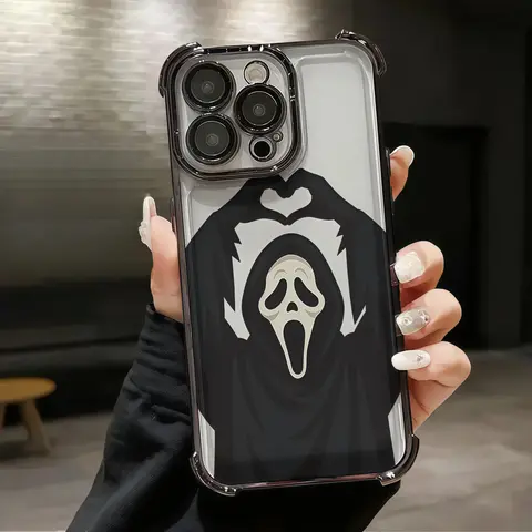 Halloween Playful Ghostface Heart Gesture Protective Phone Case - Skin-Friendly, Anti-Slip, Shockproof, Durable, Aesthetic Full-Coverage TPU Casing with Cute Cat Bow Handle, Mobile Phone Accessories for iPhone 17/16 Pro Max/15/14 Plus/13/12/11 Pro Max, Sm