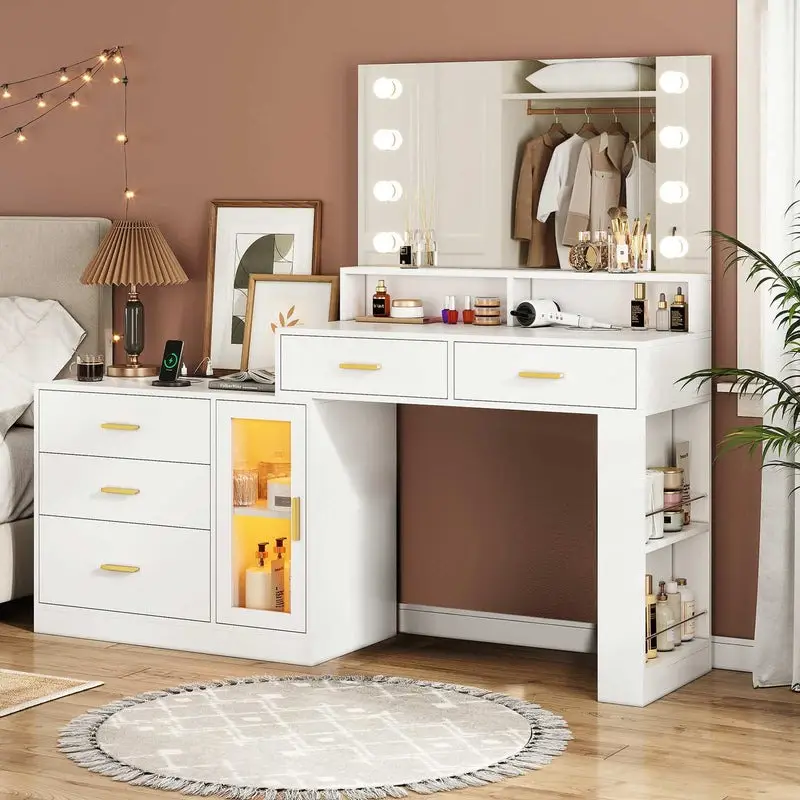 Sikaic LED Makeup Vanity Dresser With Mirror And Charging Station & 5 Drawers Cabinet Storage Furniture Bedroom Aesthetic Modern