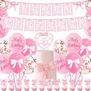 Pink Bow Birthday Party Decorations Set, Girl Bow Birthday Decortions, Glitter Bow Happy Birthday Banner for Birthday Party Decortions, Party Decorations Banners