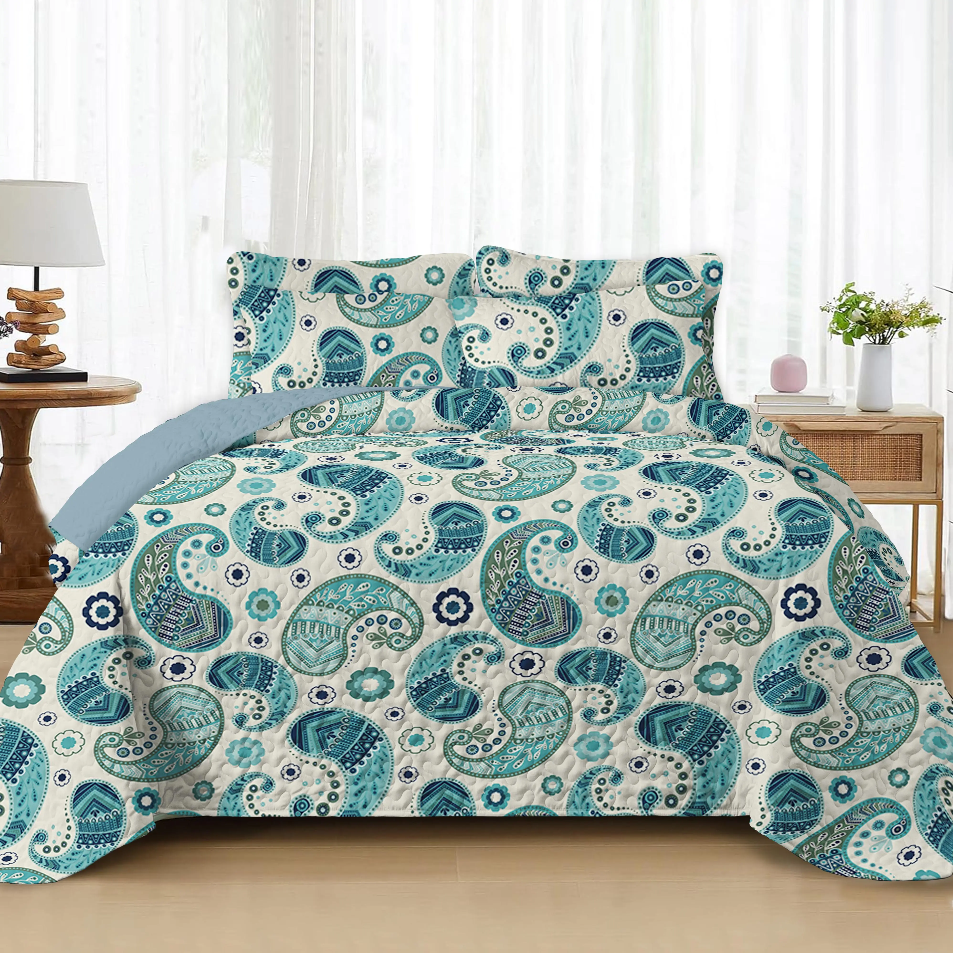 Boho Paisley Art Bedding Set - Low-Care Polyester Fabric, Breathable Cover, All-Seasons Quilted Thin Comforter, Easy Machine Wash, Stays Neat Quilled, Retro Blue Artistic Bedding Collection (King/Queen: 2 Pillowcases, Twin: 1 Pillowcase), Digital Print, S